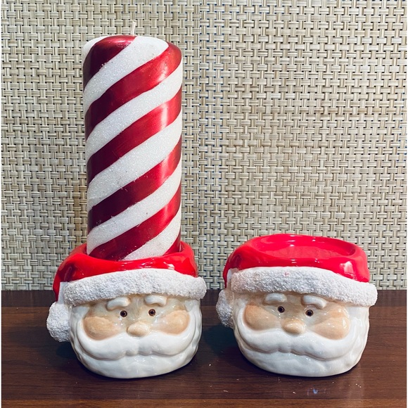 🎄🌟2xHP🌟VTG Set of 2 Ceramic Glazed & Glittered Santa Claus Pillar Holders - Picture 8 of 9